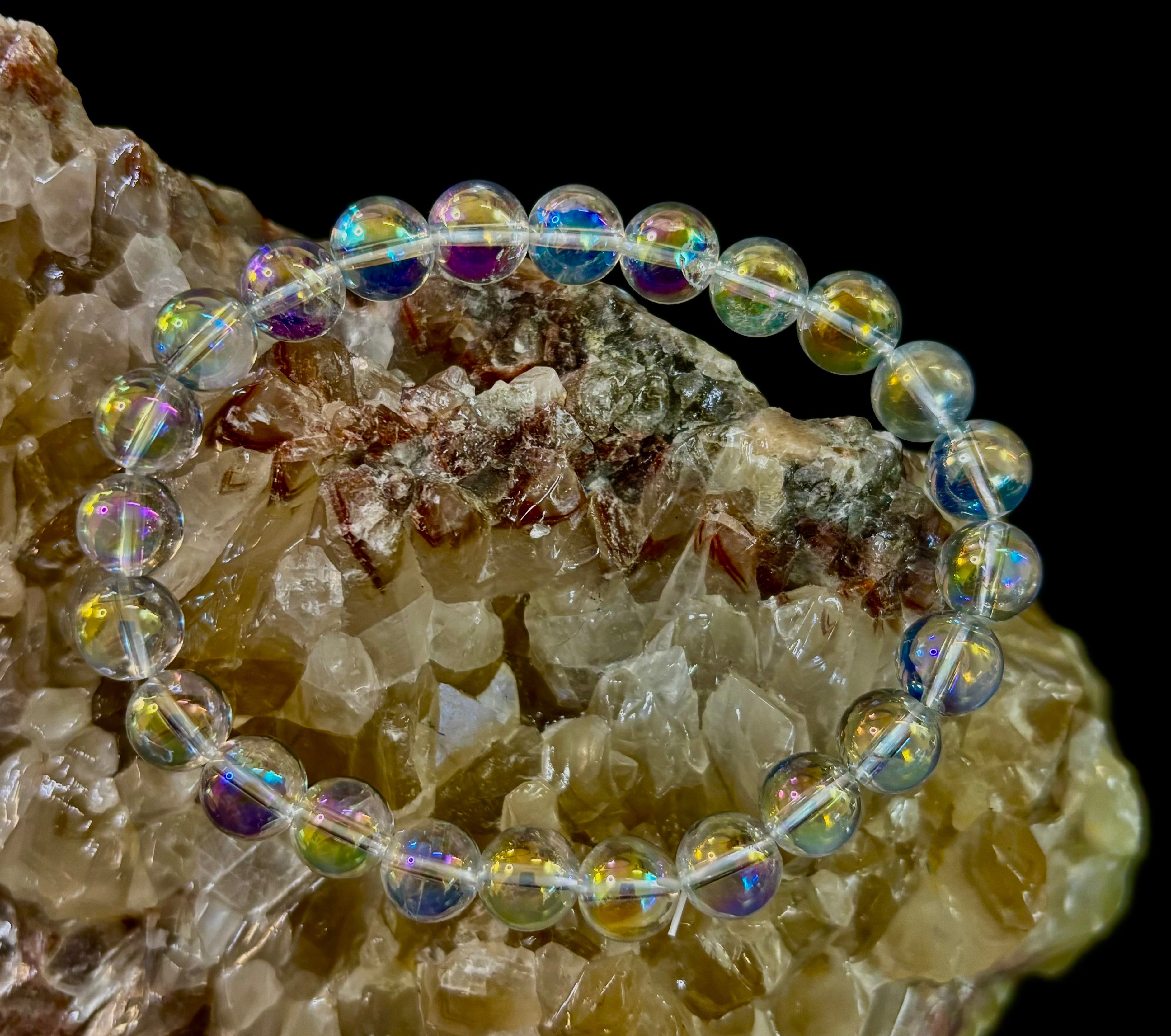 Angel Aura Clear Quartz 8mm Reiki-Infused Healing Crystal Bracelet (7.5” Medium Wrists) | | Wiccan Center