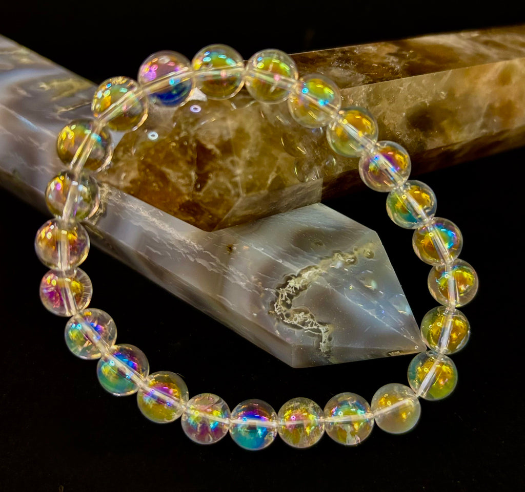 Angel Aura Clear Quartz 8mm Reiki-Infused Healing Crystal Bracelet (7.5” Medium Wrists) | | Wiccan Center