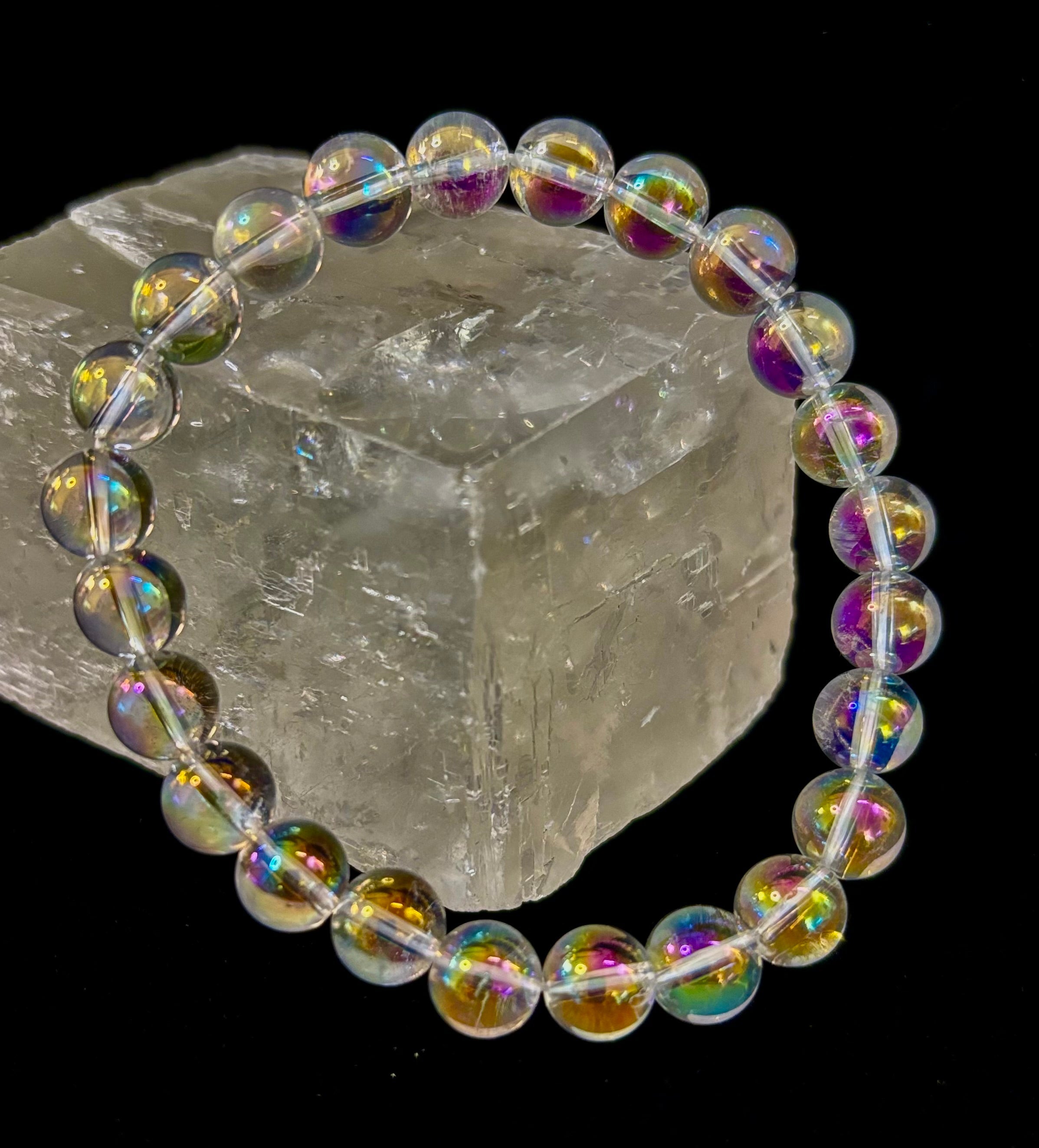 Angel Aura Clear Quartz 8mm Reiki-Infused Healing Crystal Bracelet (7.5” Medium Wrists) | | Wiccan Center