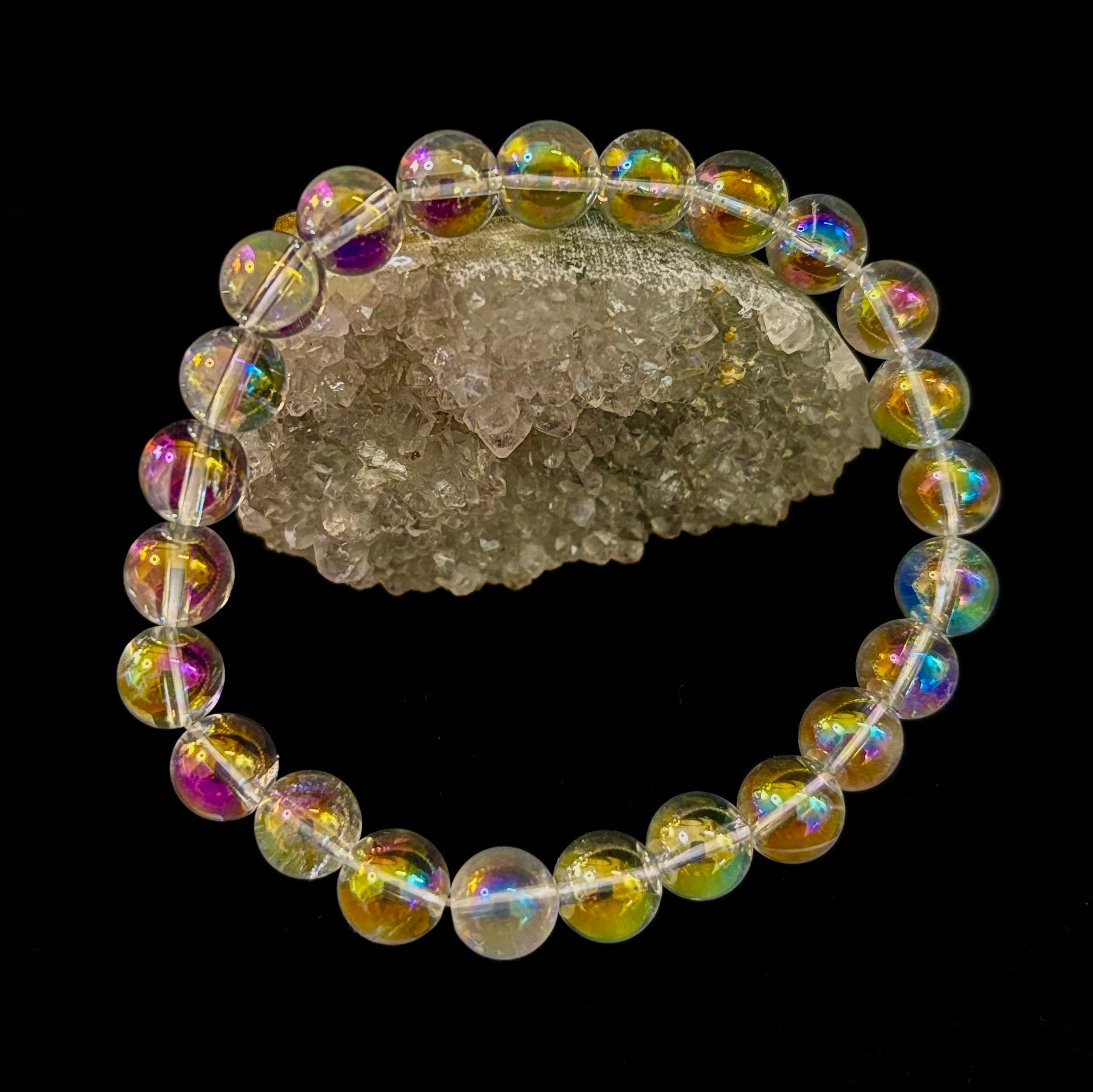 Angel Aura Clear Quartz 8mm Reiki-Infused Healing Crystal Bracelet (7.5” Medium Wrists) | | Wiccan Center
