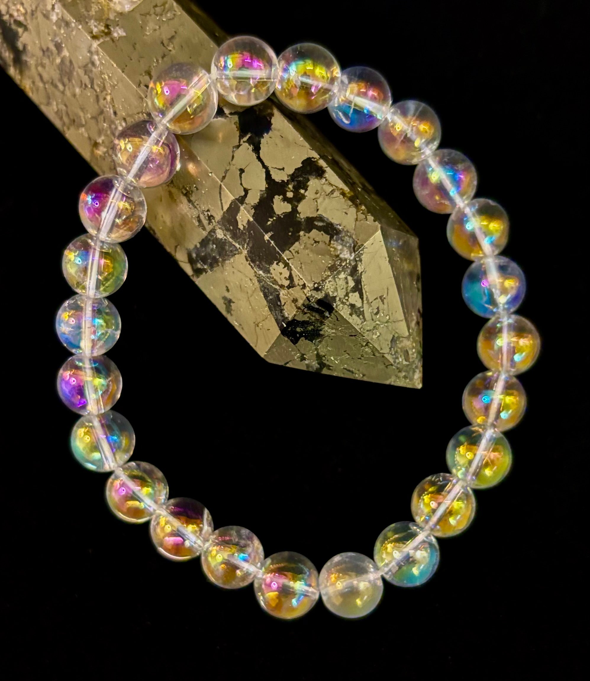 Angel Aura Clear Quartz 8mm Reiki-Infused Healing Crystal Bracelet (7.5” Medium Wrists) | | Wiccan Center