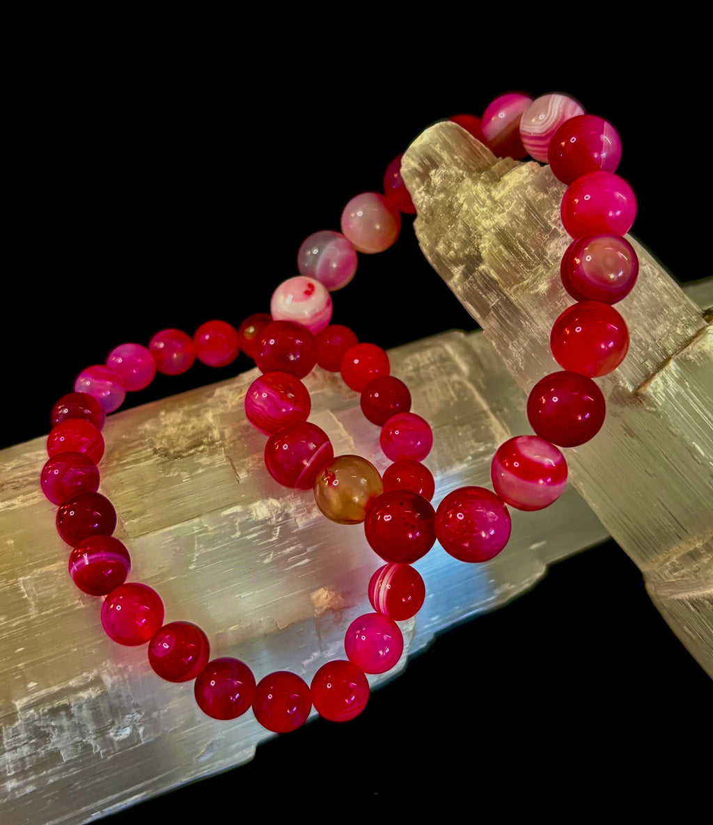 Fuchsia Pink Striped Agate Reiki-Infused Healing Bracelet (8mm or 10mm, 7.5” - Medium Wrists) | | Wiccan Center