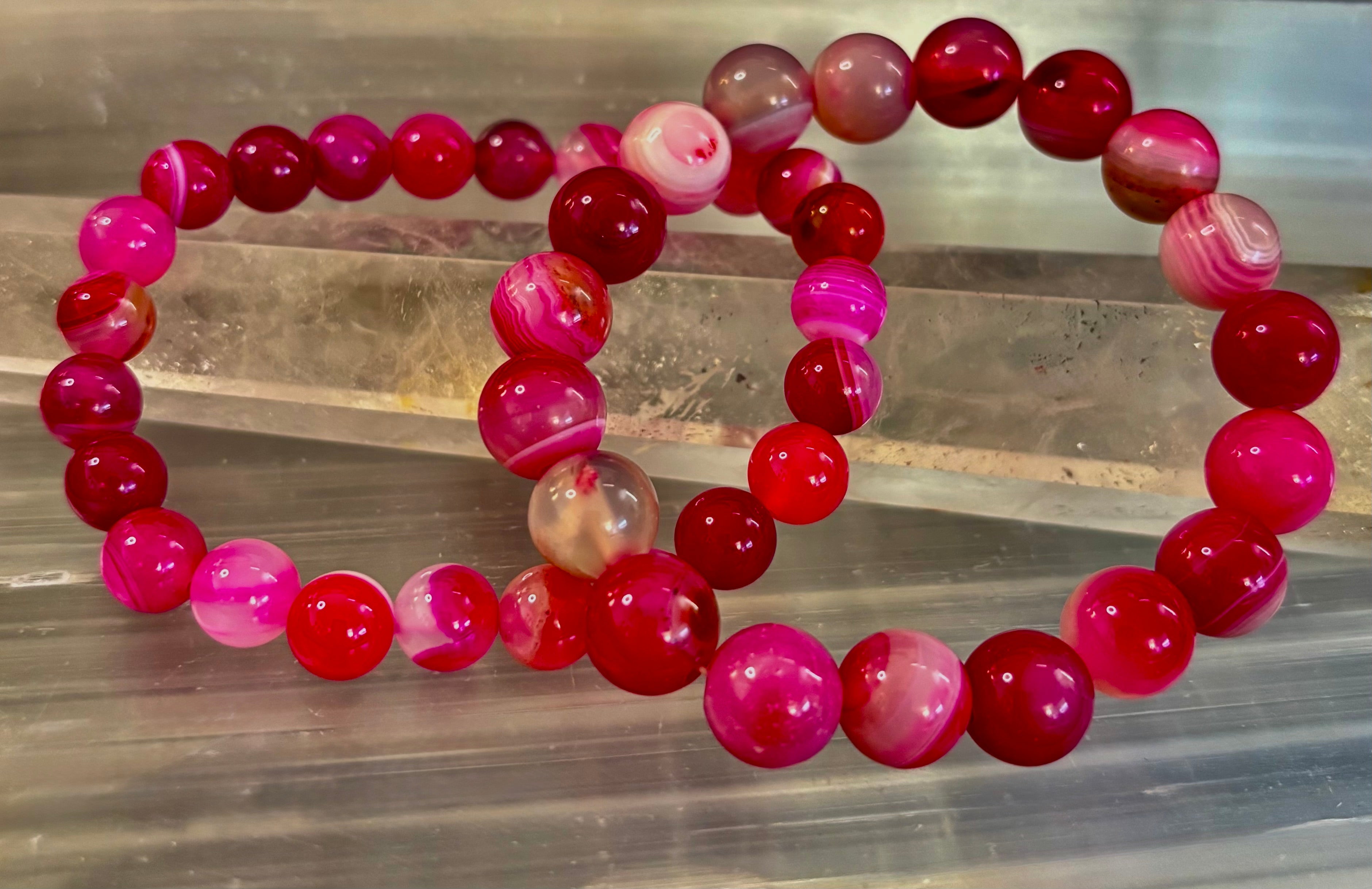 Fuchsia Pink Striped Agate Reiki-Infused Healing Bracelet (8mm or 10mm, 7.5” - Medium Wrists) | | Wiccan Center