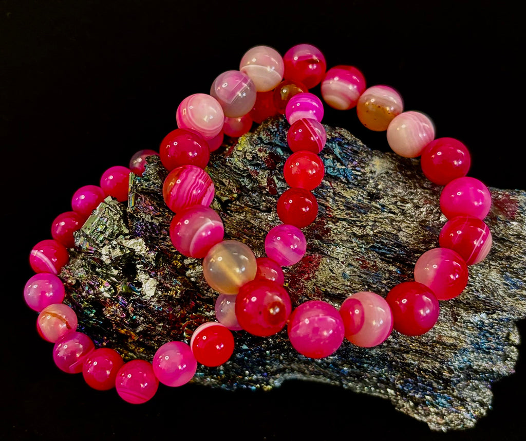 Fuchsia Pink Striped Agate Reiki-Infused Healing Bracelet (8mm or 10mm, 7.5” - Medium Wrists) | | Wiccan Center