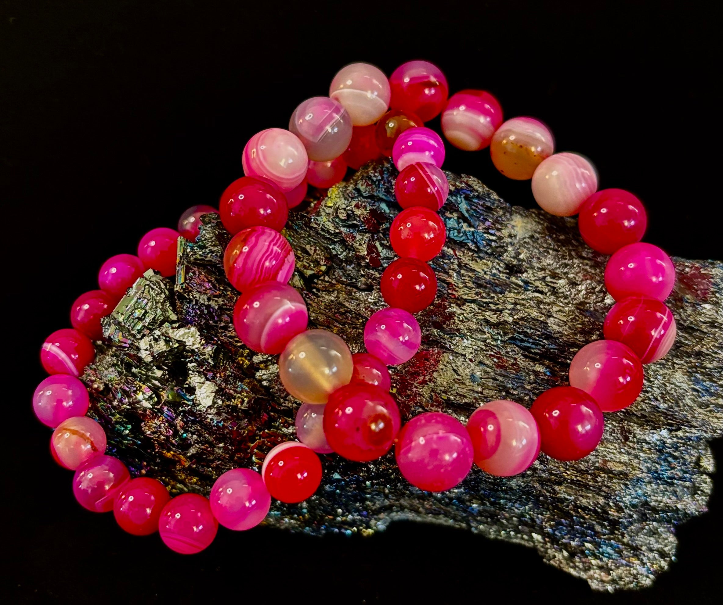 Fuchsia Pink Striped Agate Reiki-Infused Healing Bracelet (8mm or 10mm, 7.5” - Medium Wrists) | | Wiccan Center