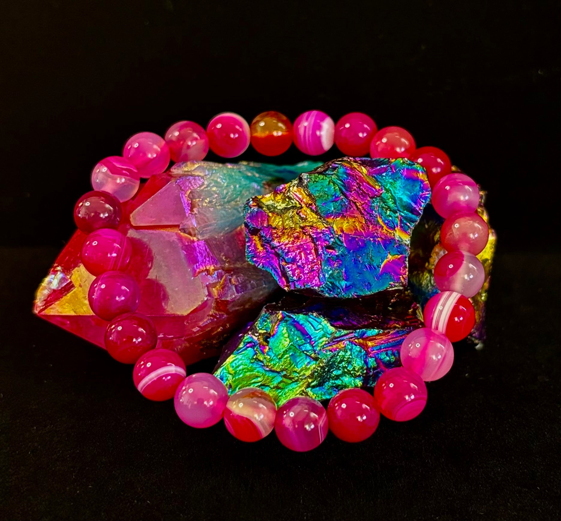 Fuchsia Pink Striped Agate Reiki-Infused Healing Bracelet (8mm or 10mm, 7.5” - Medium Wrists) | | Wiccan Center