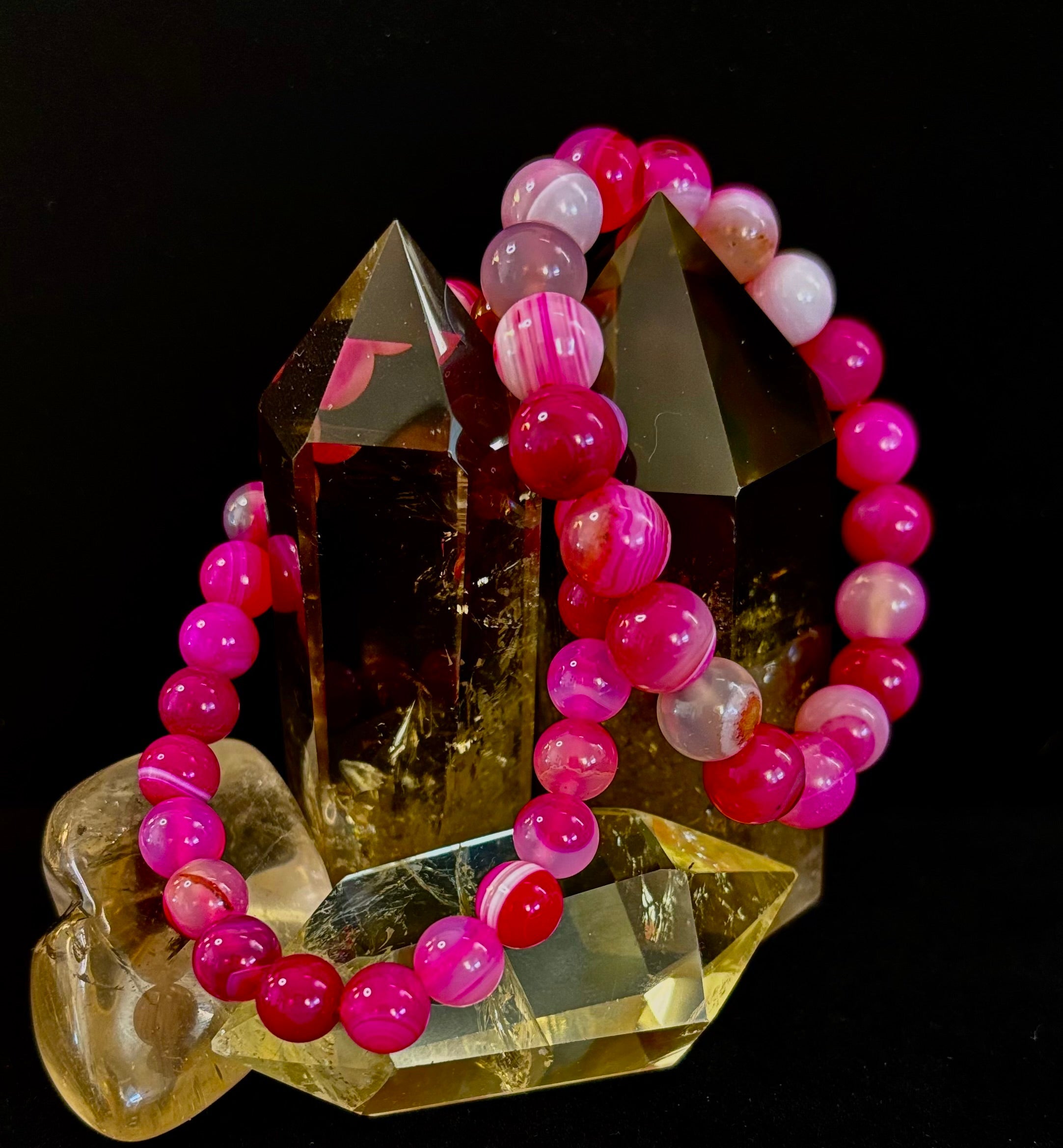 Fuchsia Pink Striped Agate Reiki-Infused Healing Bracelet (8mm or 10mm, 7.5” - Medium Wrists) | | Wiccan Center