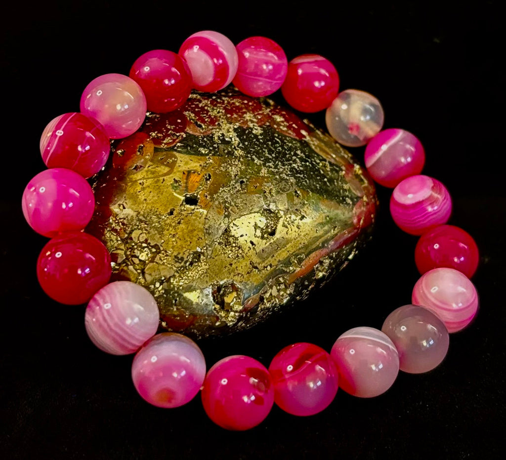 Fuchsia Pink Striped Agate Reiki-Infused Healing Bracelet (8mm or 10mm, 7.5” - Medium Wrists) | | Wiccan Center