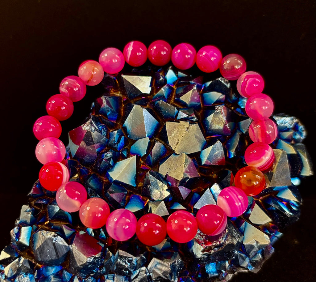 Fuchsia Pink Striped Agate Reiki-Infused Healing Bracelet (8mm or 10mm, 7.5” - Medium Wrists) | | Wiccan Center