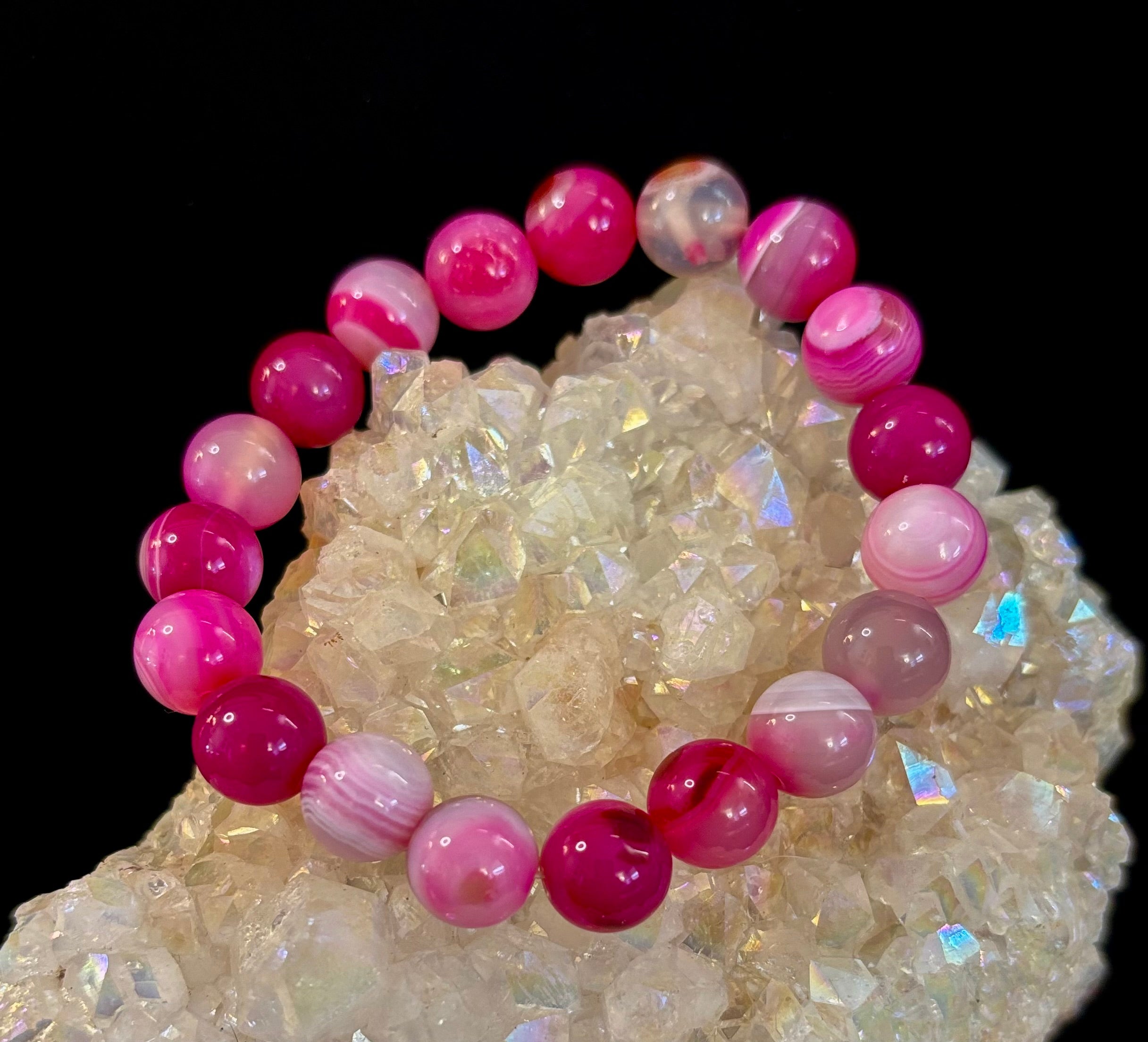 Fuchsia Pink Striped Agate Reiki-Infused Healing Bracelet (8mm or 10mm, 7.5” - Medium Wrists) | | Wiccan Center