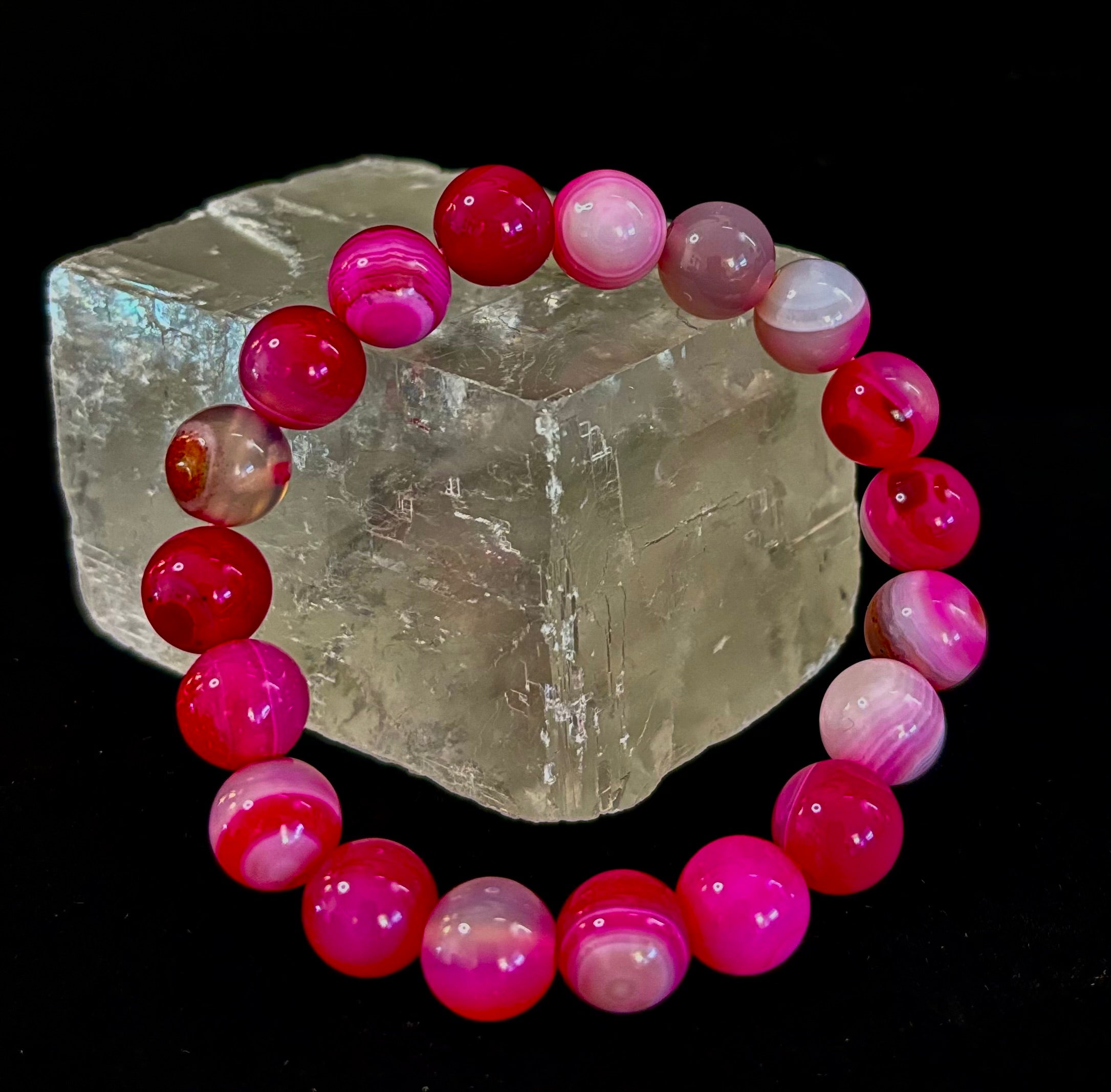 Fuchsia Pink Striped Agate Reiki-Infused Healing Bracelet (8mm or 10mm, 7.5” - Medium Wrists) | | Wiccan Center