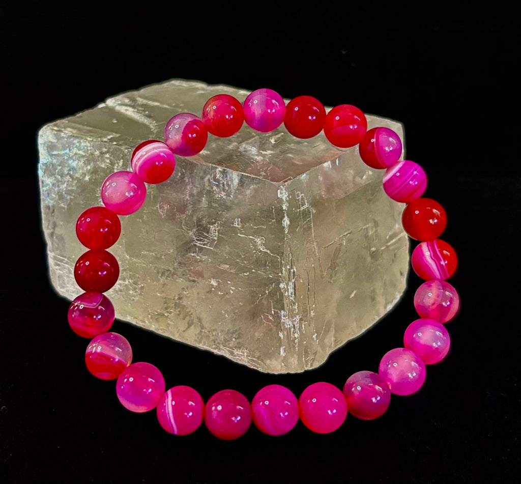 Fuchsia Pink Striped Agate Reiki-Infused Healing Bracelet (8mm or 10mm, 7.5” - Medium Wrists) | | Wiccan Center