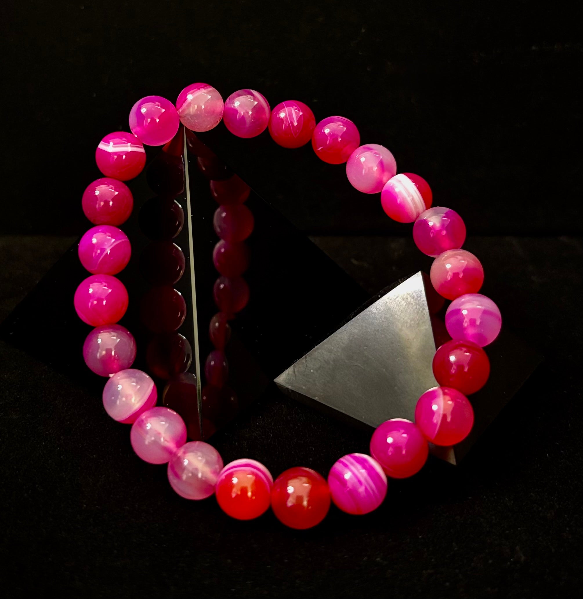 Fuchsia Pink Striped Agate Reiki-Infused Healing Bracelet (8mm or 10mm, 7.5” - Medium Wrists) | | Wiccan Center