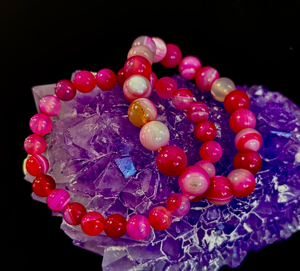 Fuchsia Pink Striped Agate Reiki-Infused Healing Bracelet (8mm or 10mm, 7.5” - Medium Wrists) | | Wiccan Center