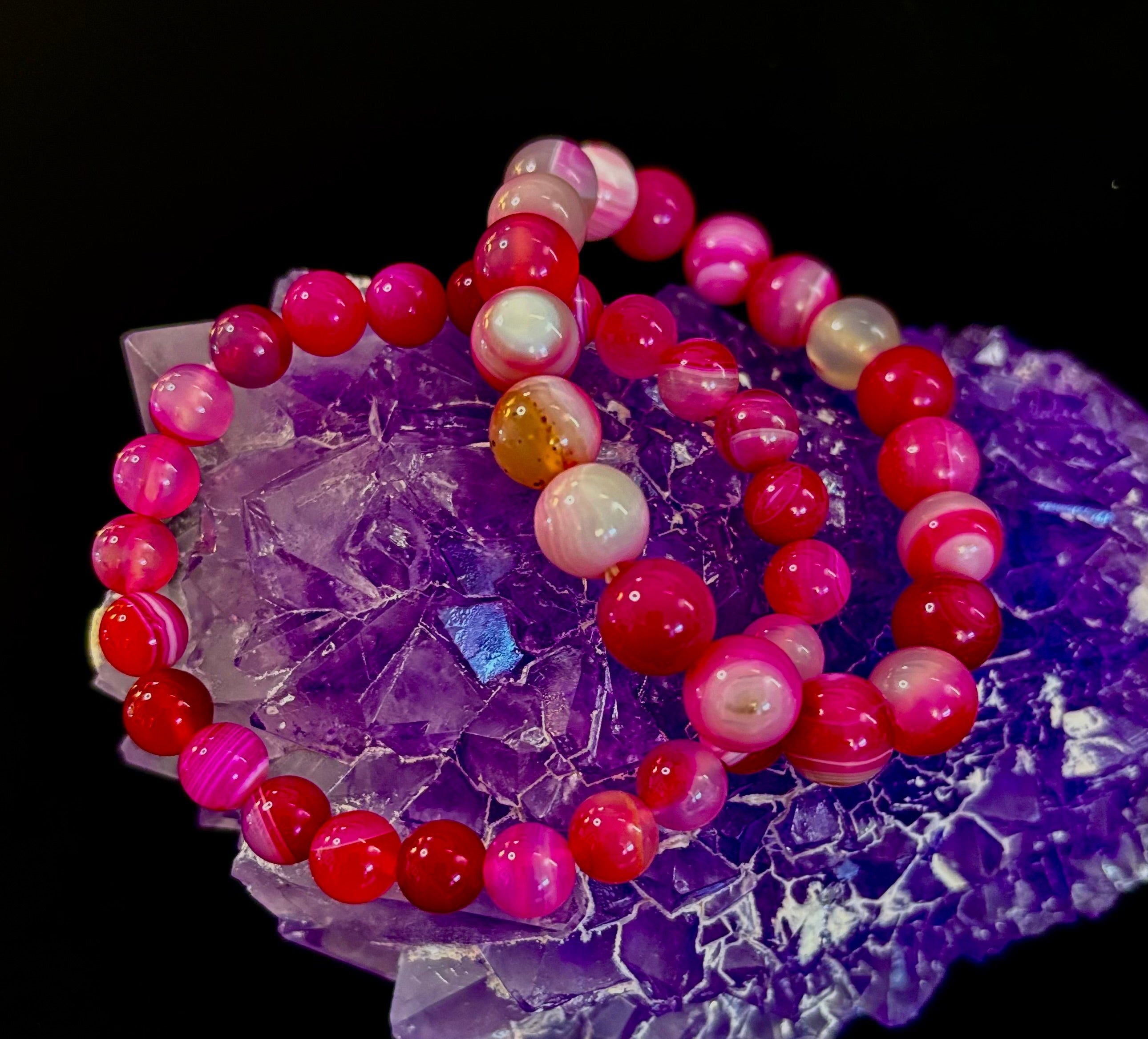 Fuchsia Pink Striped Agate Reiki-Infused Healing Bracelet (8mm or 10mm, 7.5” - Medium Wrists) | | Wiccan Center