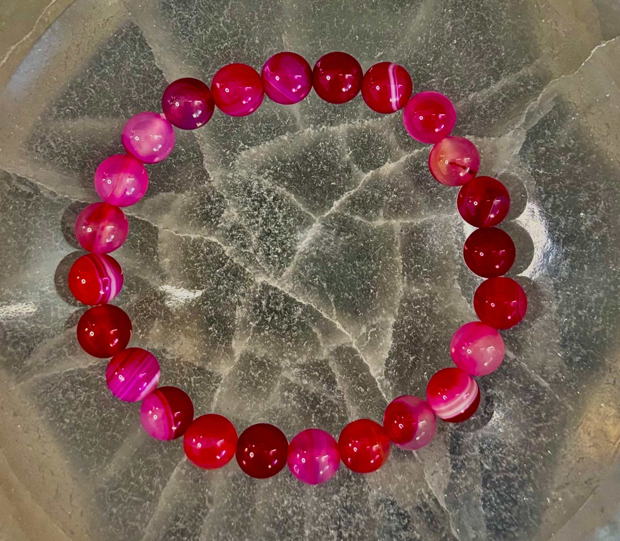 Fuchsia Pink Striped Agate Reiki-Infused Healing Bracelet (8mm or 10mm, 7.5” - Medium Wrists) | | Wiccan Center