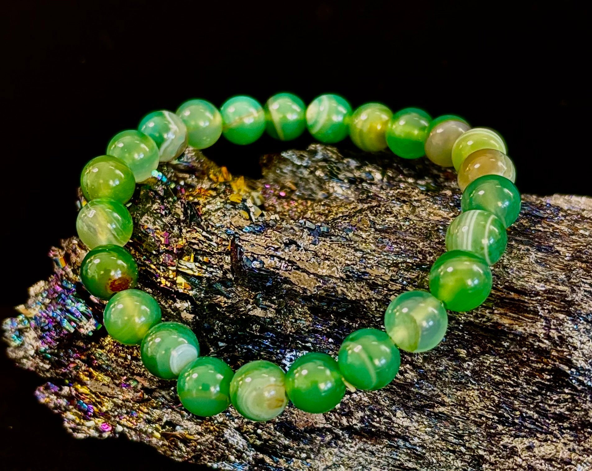 Green Striped Agate Reiki-Infused Healing Bracelet (8mm or 10mm) Medium Wrists | | Wiccan Center