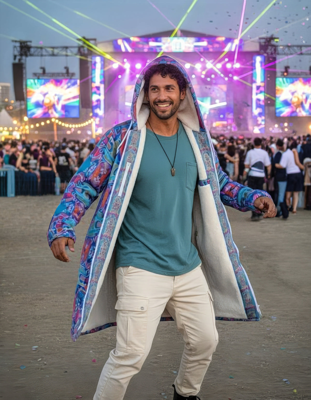 Electric Totem Cuddle Coat | Unisex Minky Sherpa Lined Coat with Hood, Zipper and Pockets | Women and Mens Festival Coat | Mountain Fashion | Zipper Cloak - AOP | Wiccan Center