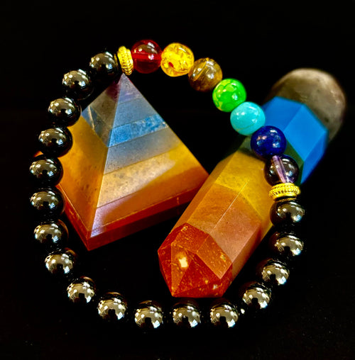 7 Chakra & Black Onyx Reiki-Infused Balance & Protection Bracelet (Medium Wrist) | | Wiccan Center