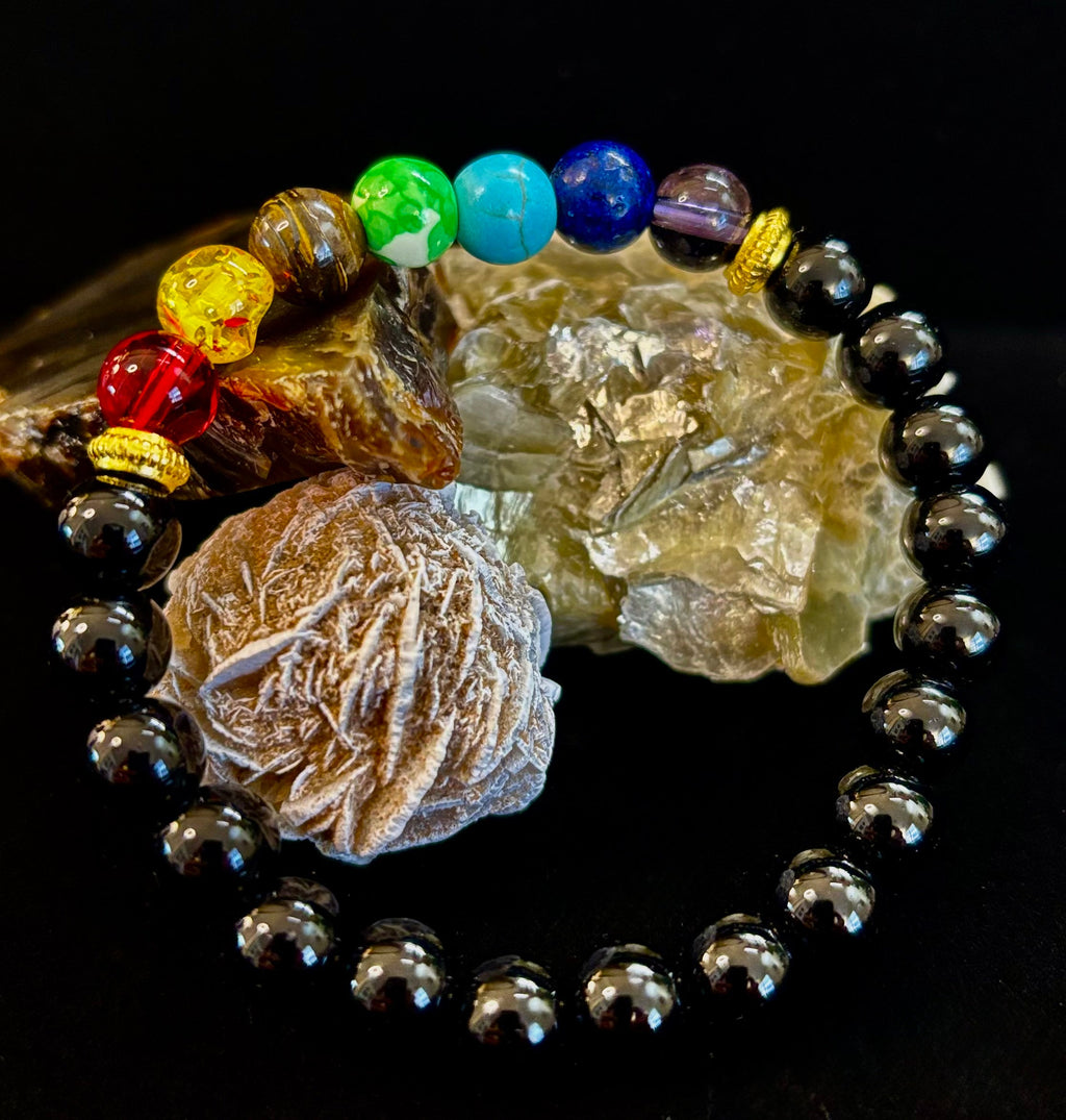 7 Chakra & Black Onyx Reiki-Infused Balance & Protection Bracelet (Medium Wrist) | | Wiccan Center