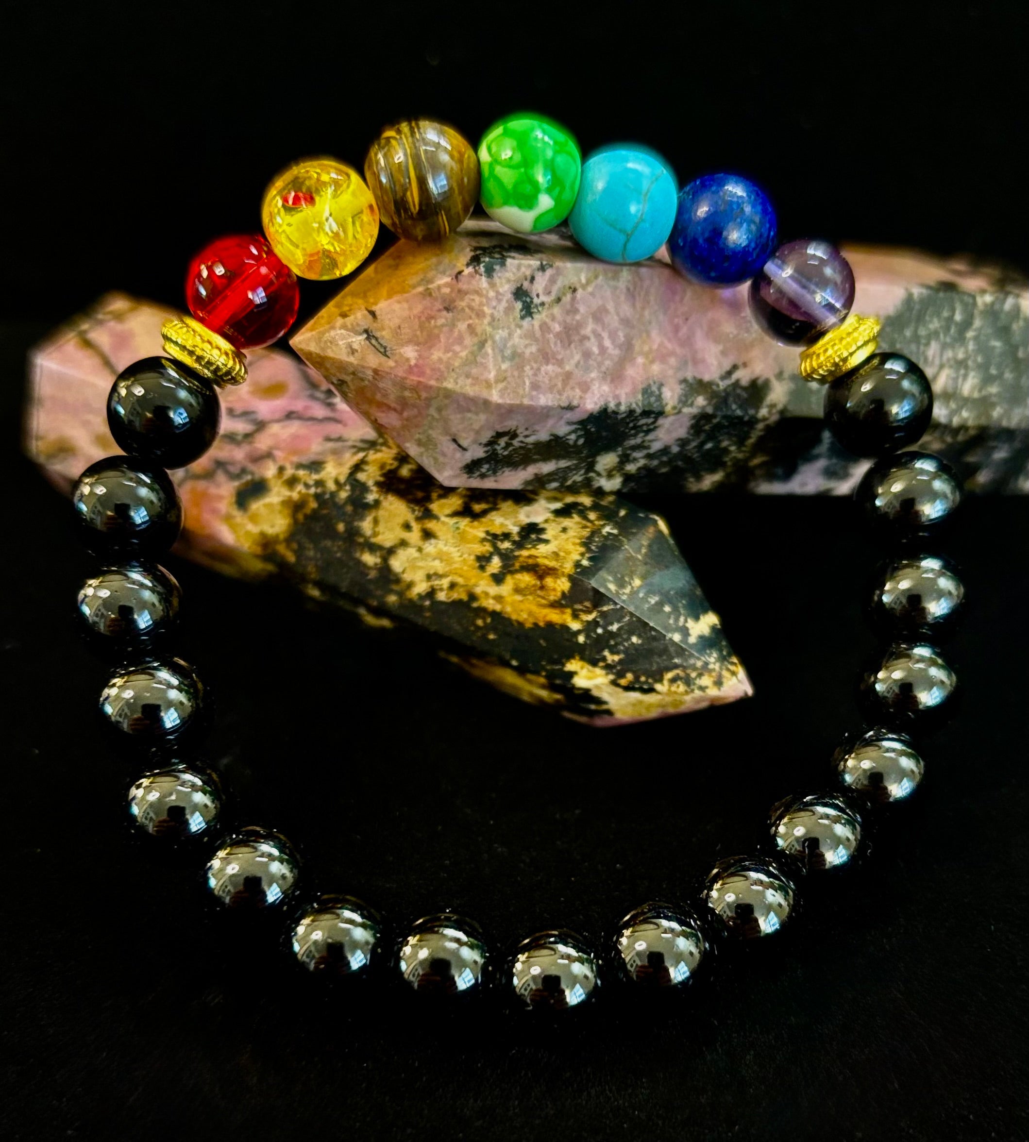 7 Chakra & Black Onyx Reiki-Infused Balance & Protection Bracelet (Medium Wrist) | | Wiccan Center