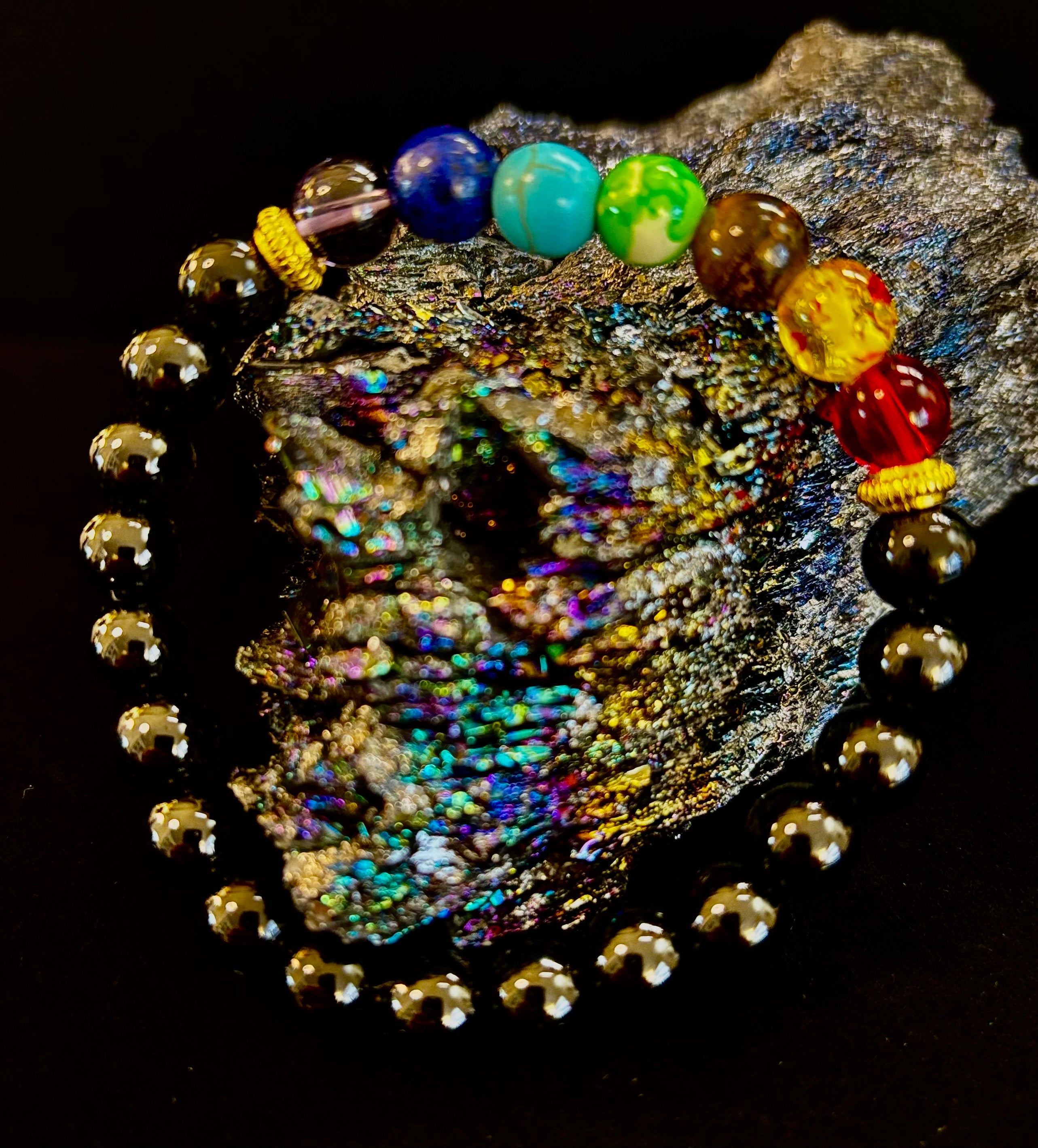 7 Chakra & Black Onyx Reiki-Infused Balance & Protection Bracelet (Medium Wrist) | | Wiccan Center