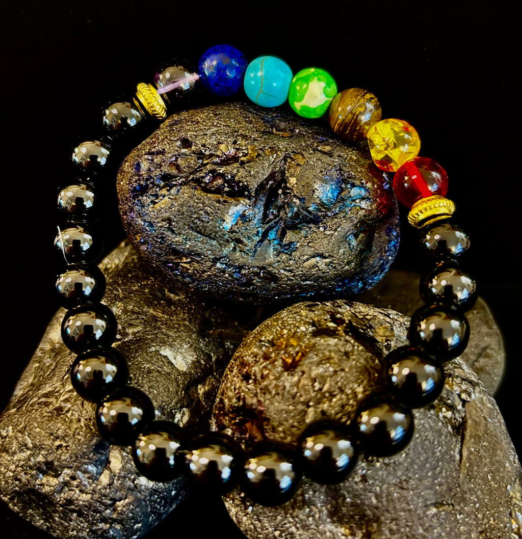 7 Chakra & Black Onyx Reiki-Infused Balance & Protection Bracelet (Medium Wrist) | | Wiccan Center