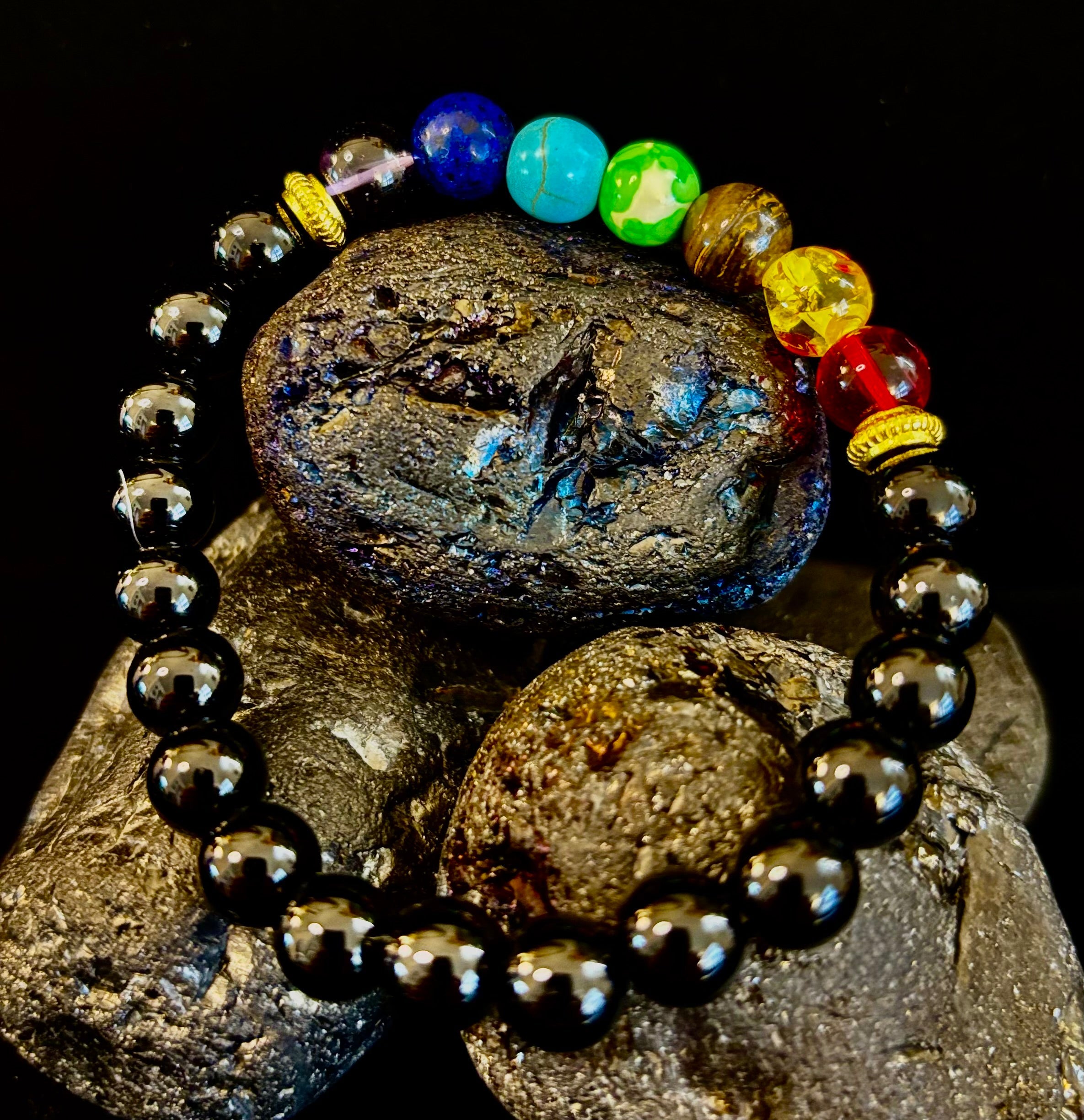 7 Chakra & Black Onyx Reiki-Infused Balance & Protection Bracelet (Medium Wrist) | | Wiccan Center