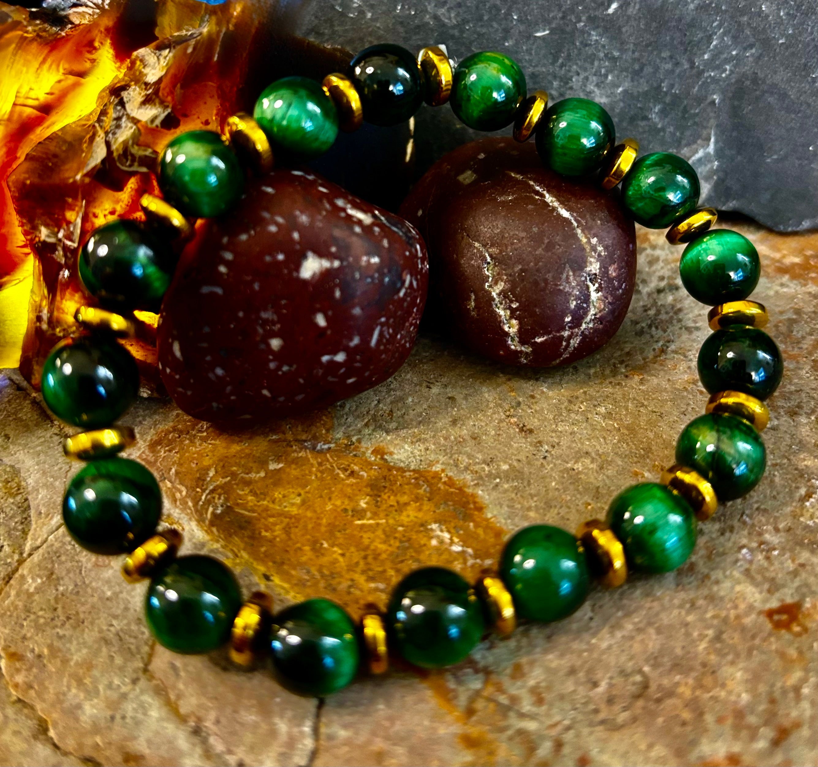 Green Tiger Eye Wealth & Confidence Bracelet – 8mm Beads with Gold Accents (Medium Wrists) | | Wiccan Center