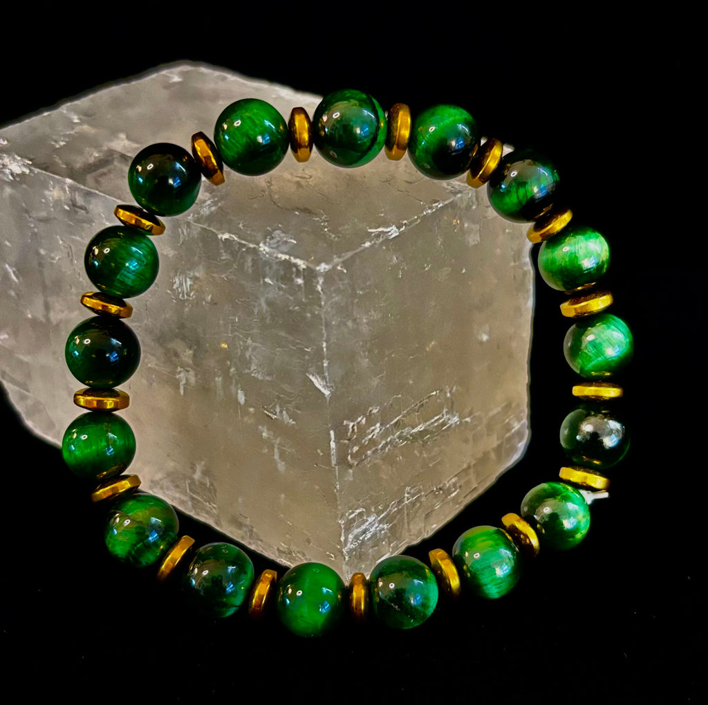 Green Tiger Eye Wealth & Confidence Bracelet – 8mm Beads with Gold Accents (Medium Wrists) | | Wiccan Center