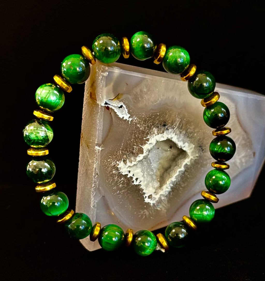 Green Tiger Eye Wealth & Confidence Bracelet – 8mm Beads with Gold Accents (Medium Wrists) | | Wiccan Center