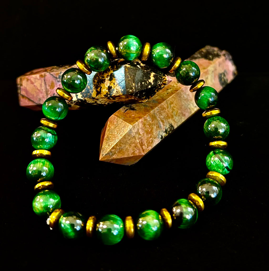 Green Tiger Eye Wealth & Confidence Bracelet – 8mm Beads with Gold Accents (Medium Wrists) | | Wiccan Center