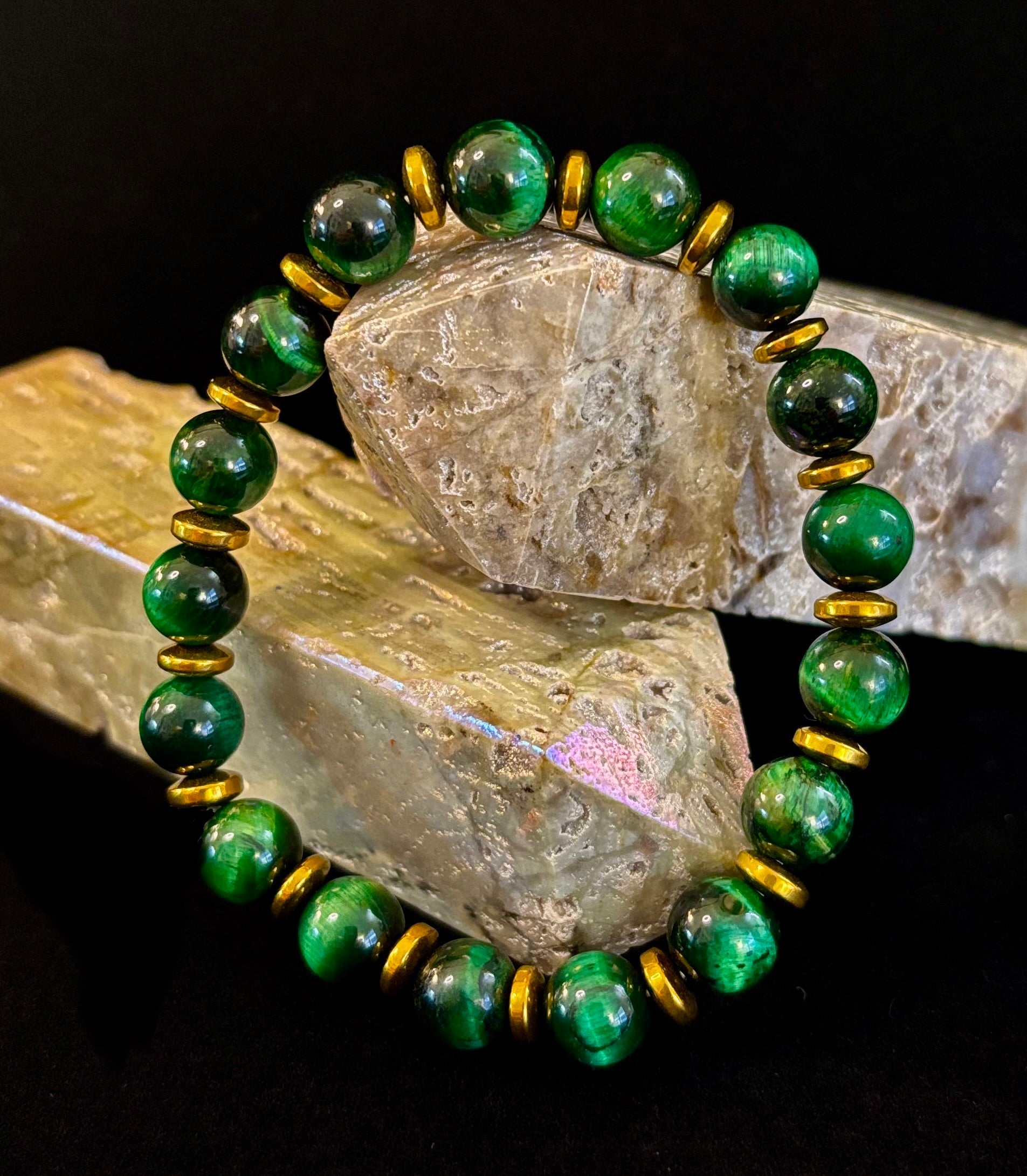 Green Tiger Eye Wealth & Confidence Bracelet – 8mm Beads with Gold Accents (Medium Wrists) | | Wiccan Center
