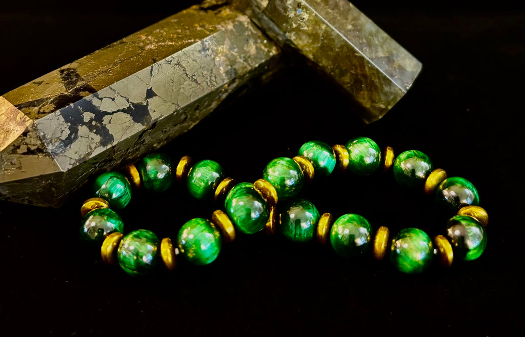 Green Tiger Eye Wealth & Confidence Bracelet – 8mm Beads with Gold Accents (Medium Wrists) | | Wiccan Center