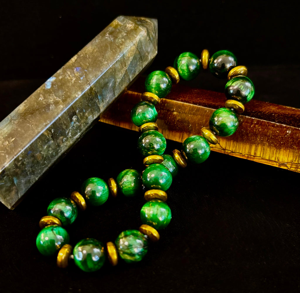 Green Tiger Eye Wealth & Confidence Bracelet – 8mm Beads with Gold Accents (Medium Wrists) | | Wiccan Center