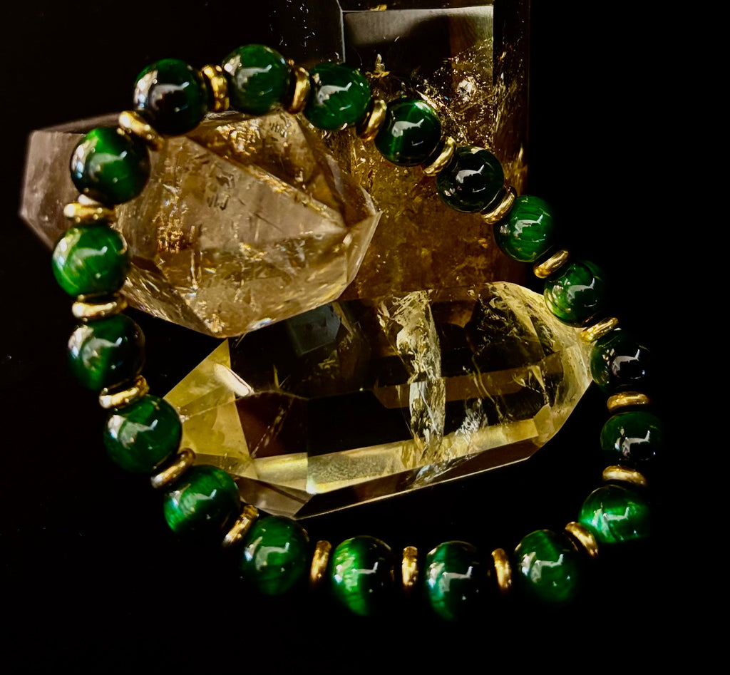 Green Tiger Eye Wealth & Confidence Bracelet – 8mm Beads with Gold Accents (Medium Wrists) | | Wiccan Center