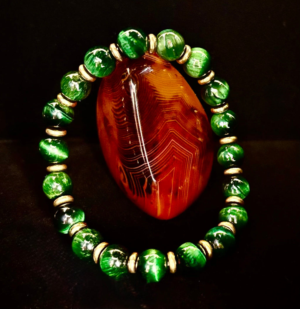 Green Tiger Eye Wealth & Confidence Bracelet – 8mm Beads with Gold Accents (Medium Wrists) | | Wiccan Center