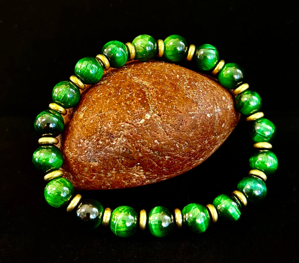 Green Tiger Eye Wealth & Confidence Bracelet – 8mm Beads with Gold Accents (Medium Wrists) | | Wiccan Center