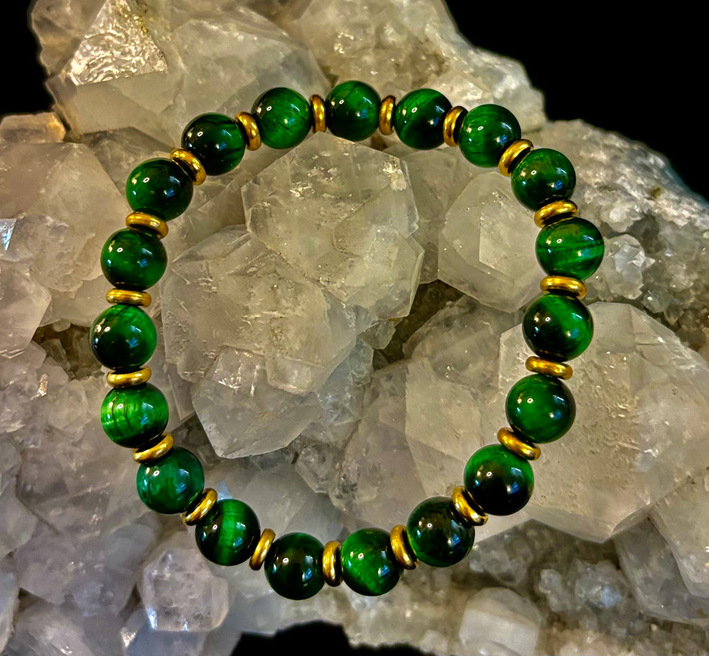 Green Tiger Eye Wealth & Confidence Bracelet – 8mm Beads with Gold Accents (Medium Wrists) | | Wiccan Center