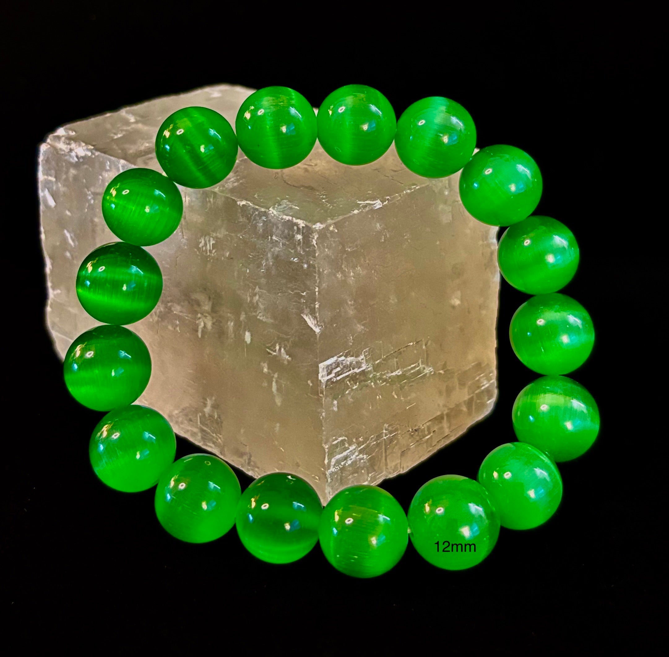 Green Cat Eye Stone Crystal Beaded Bracelet (8, 10, and 12 mm for Small and Medium Wrists) | | Wiccan Center