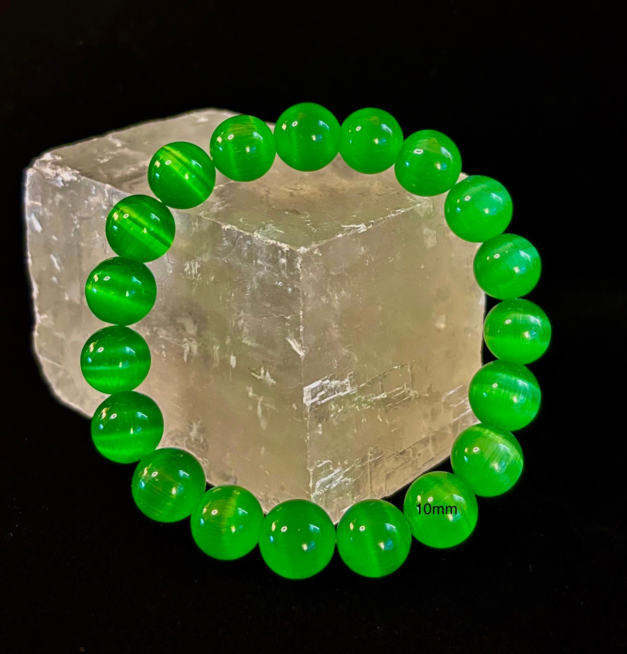 Green Cat Eye Stone Crystal Beaded Bracelet (8, 10, and 12 mm for Small and Medium Wrists) | | Wiccan Center