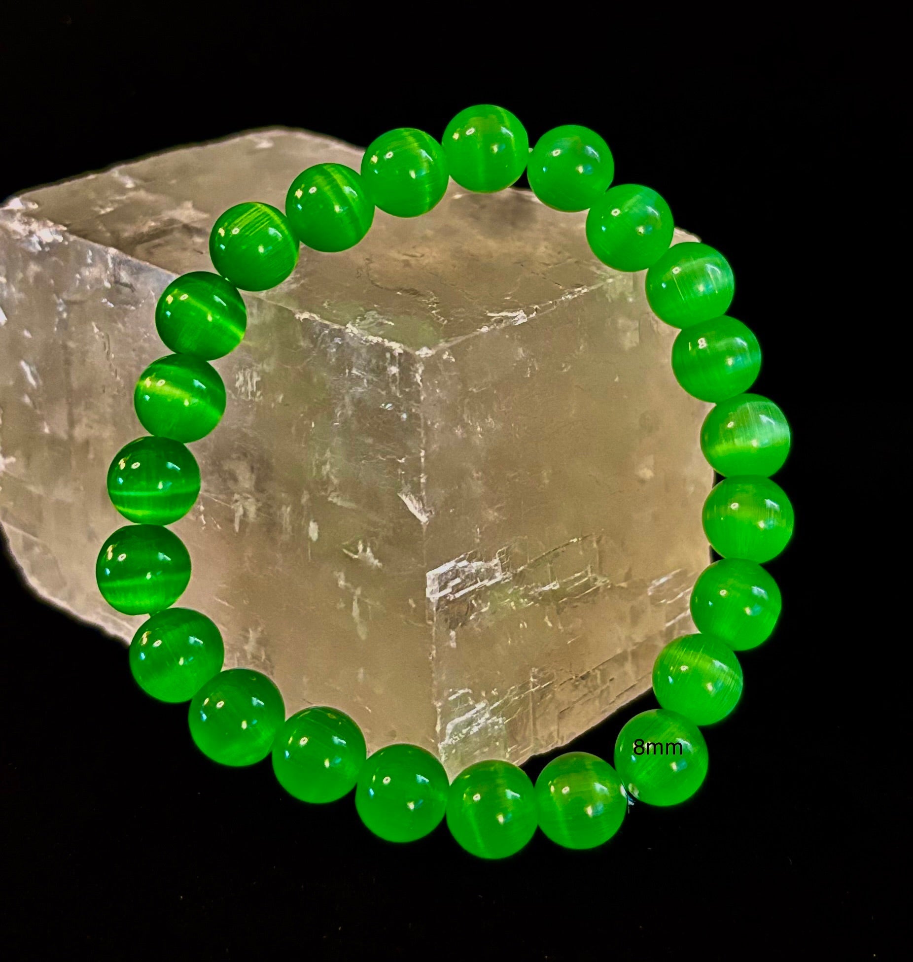 Green Cat Eye Stone Crystal Beaded Bracelet (8, 10, and 12 mm for Small and Medium Wrists) | | Wiccan Center