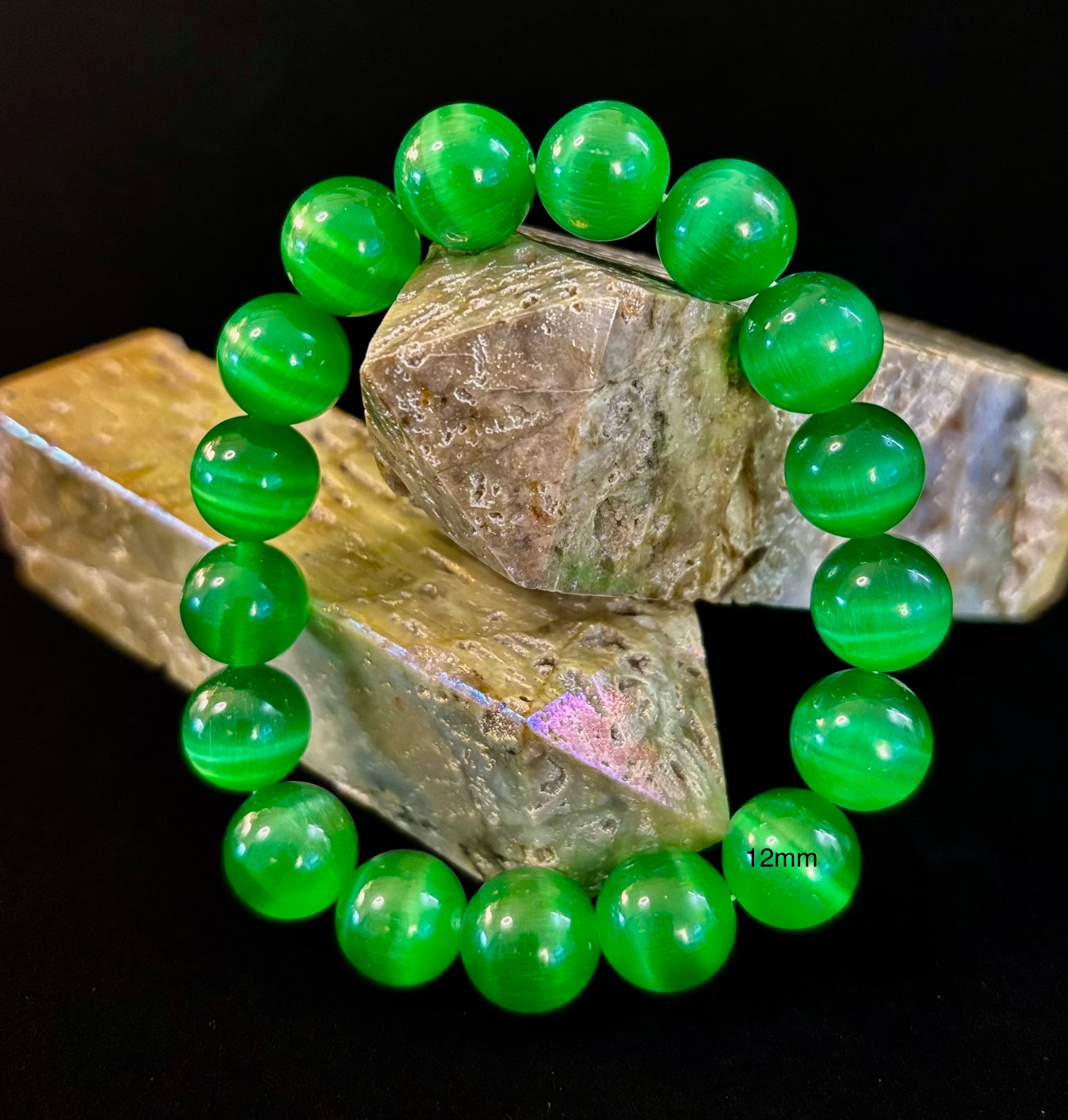 Green Cat Eye Stone Crystal Beaded Bracelet (8, 10, and 12 mm for Small and Medium Wrists) | | Wiccan Center