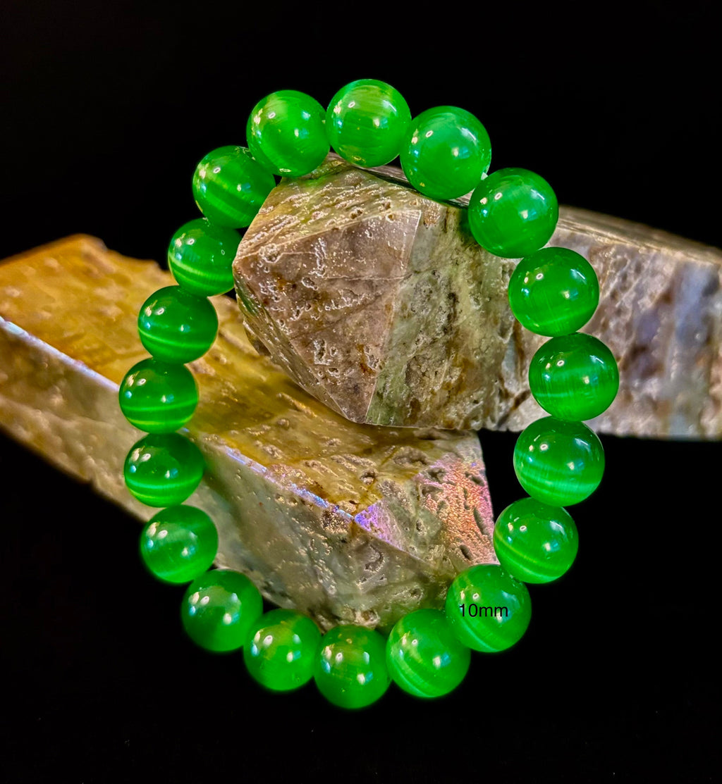 Green Cat Eye Stone Crystal Beaded Bracelet (8, 10, and 12 mm for Small and Medium Wrists) | | Wiccan Center