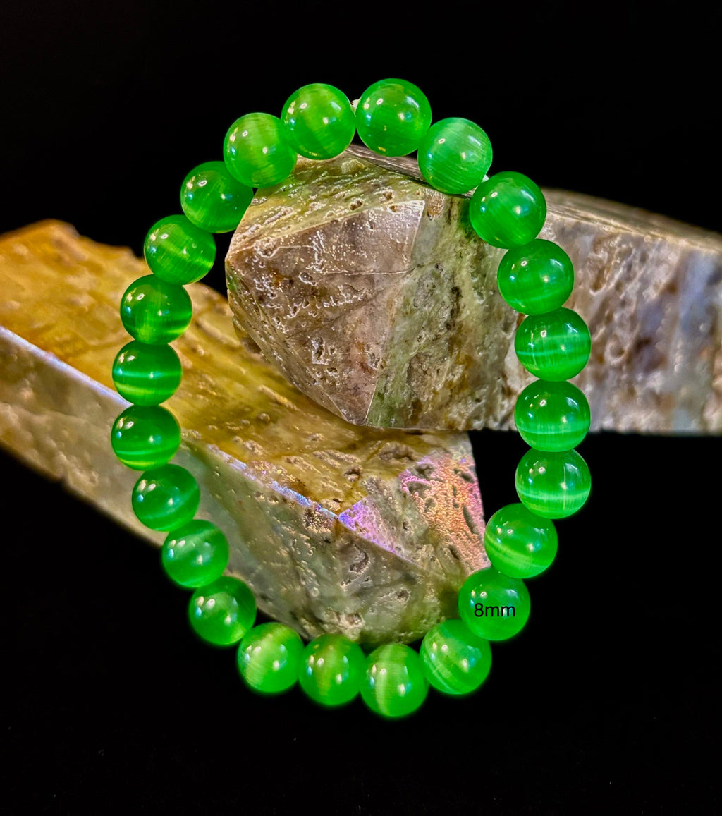 Green Cat Eye Stone Crystal Beaded Bracelet (8, 10, and 12 mm for Small and Medium Wrists) | | Wiccan Center