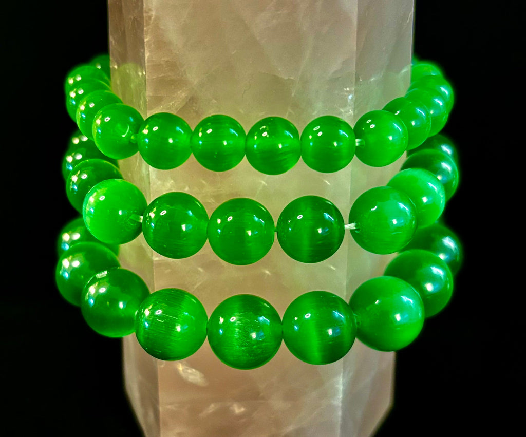 Green Cat Eye Stone Crystal Beaded Bracelet (8, 10, and 12 mm for Small and Medium Wrists) | | Wiccan Center