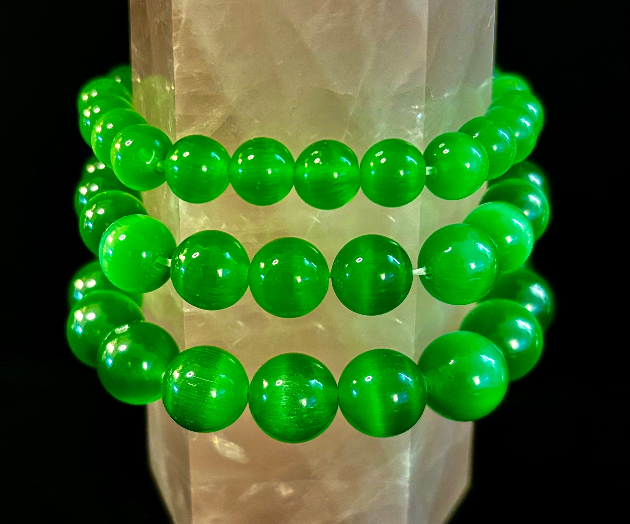 Green Cat Eye Stone Crystal Beaded Bracelet (8, 10, and 12 mm for Small and Medium Wrists) | | Wiccan Center