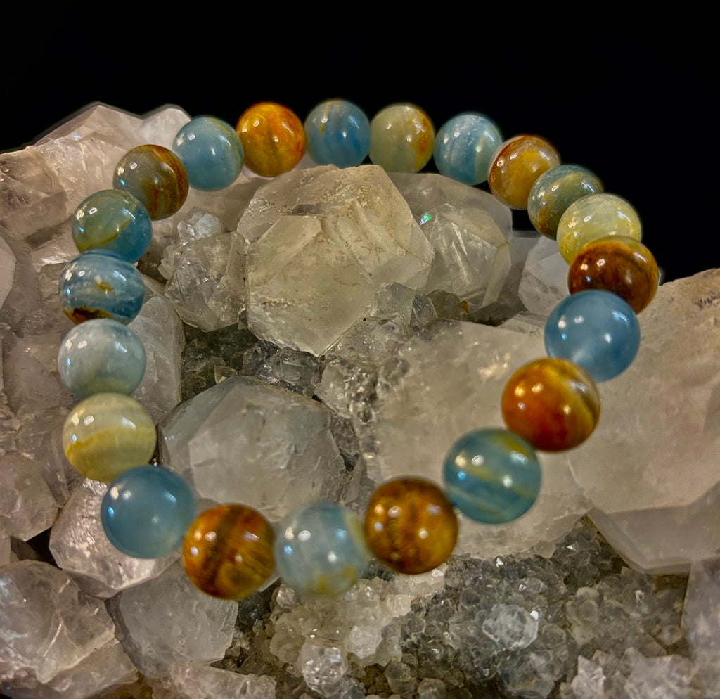 Aquatine Lemurian Calcite Bracelet (8mm) – Emotional Healing, Intuition & Inner Peace | Reiki-Infused Crystal Bracelet for Medium Wrists | | Wiccan Center