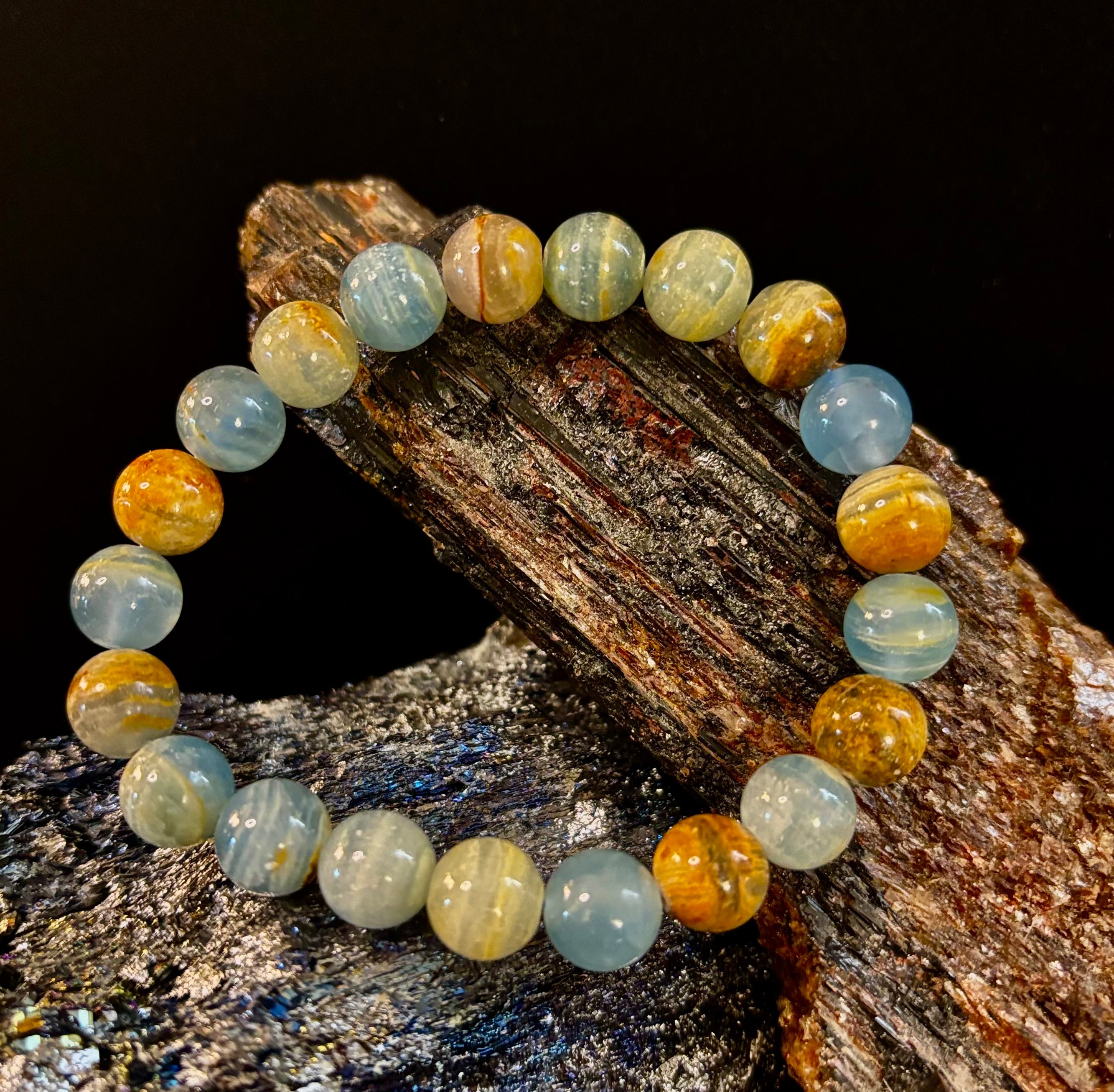 Aquatine Lemurian Calcite Bracelet (8mm) – Emotional Healing, Intuition & Inner Peace | Reiki-Infused Crystal Bracelet for Medium Wrists | | Wiccan Center