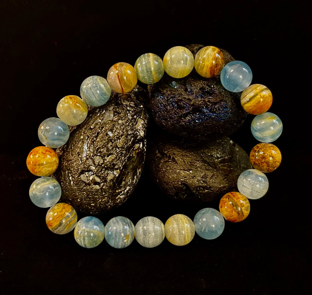 Aquatine Lemurian Calcite Bracelet (8mm) – Emotional Healing, Intuition & Inner Peace | Reiki-Infused Crystal Bracelet for Medium Wrists | | Wiccan Center